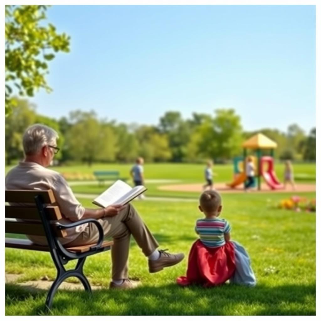 Parent reading a book on a park bench while children play on a playground in a sunny, green park.