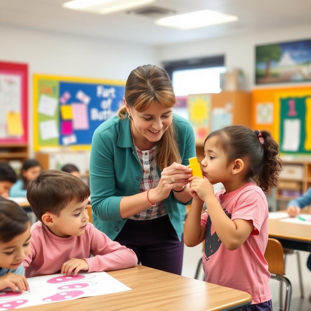 Teacher assisting a child with asthma in a vibrant classroom setting.