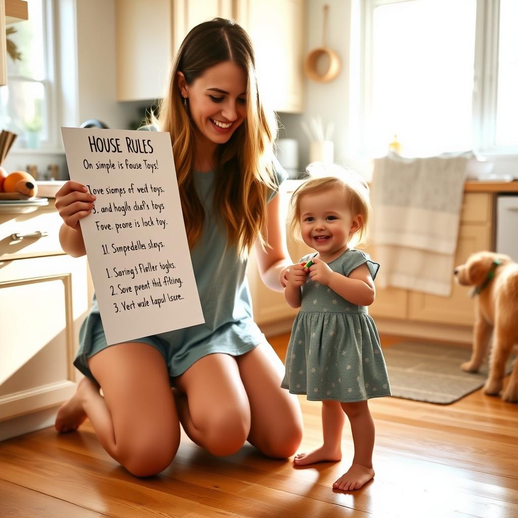A mom and toddler discussing rules in a lively kitchen.