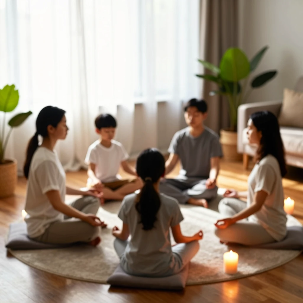 Family meditating peacefully in their living room