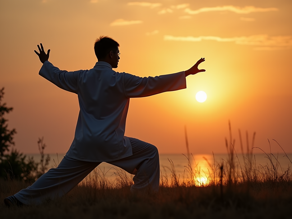 A person performing Tai Chi at sunrise, embodying tranquility and focus.
