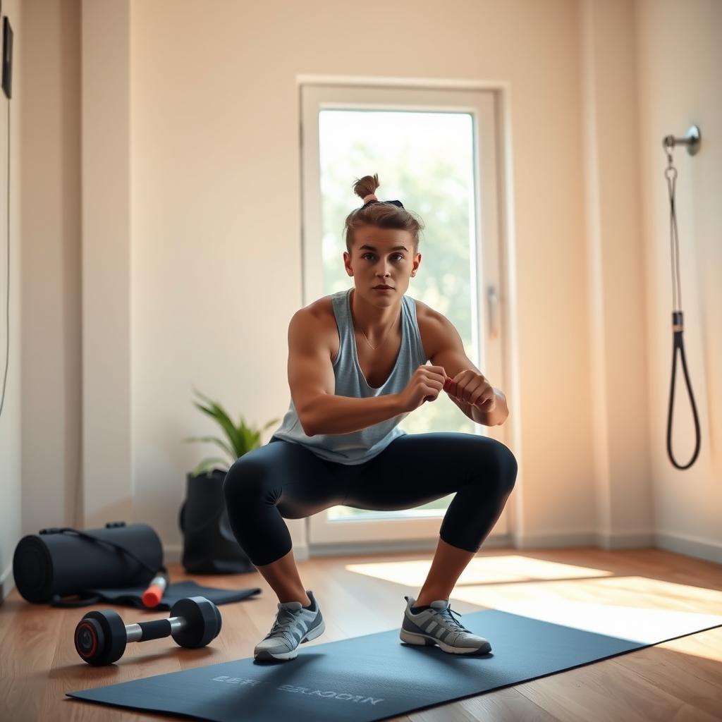A beginner does a squat in a small home gym with a yoga mat and jump rope.