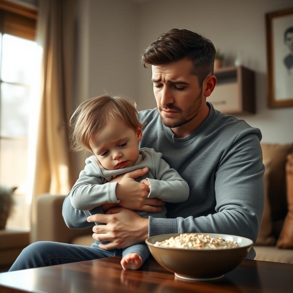 Parent holding a sick toddler in a living room with oatmeal on the table