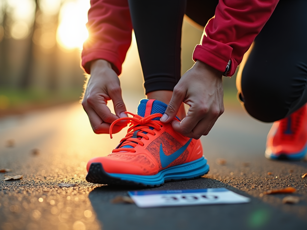 Runner preparing shoes for race day