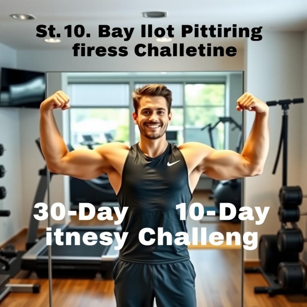 A person flexing arm muscles in front of a mirror in a home gym, smiling confidently after a fitness challenge.