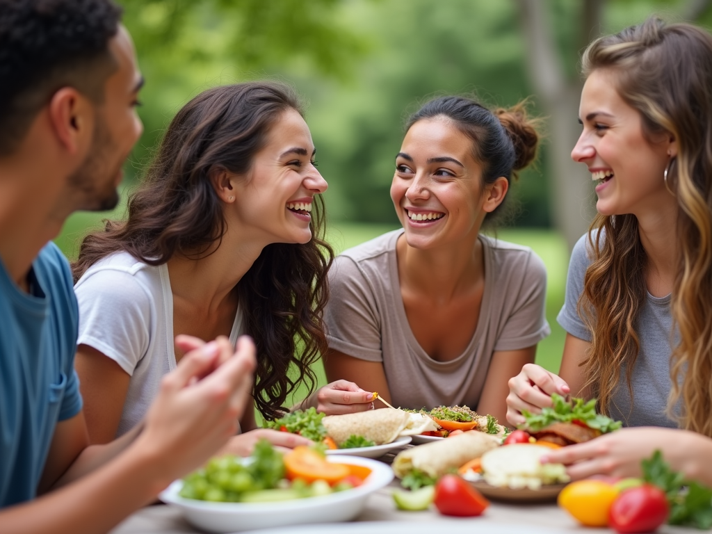 Diverse teenagers enjoying a picnic with wraps and fruit, showing a positive relationship with food and each other.