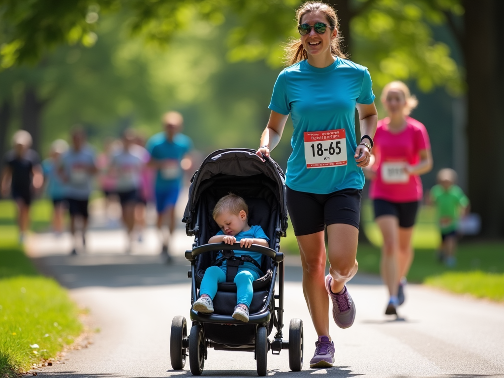 Parent with stroller in a 5K race