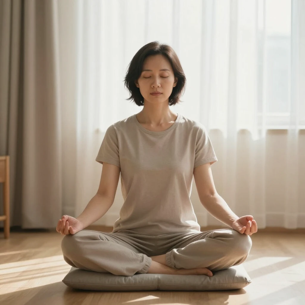 Beginner practicing seated mindfulness meditation in a calm home setting