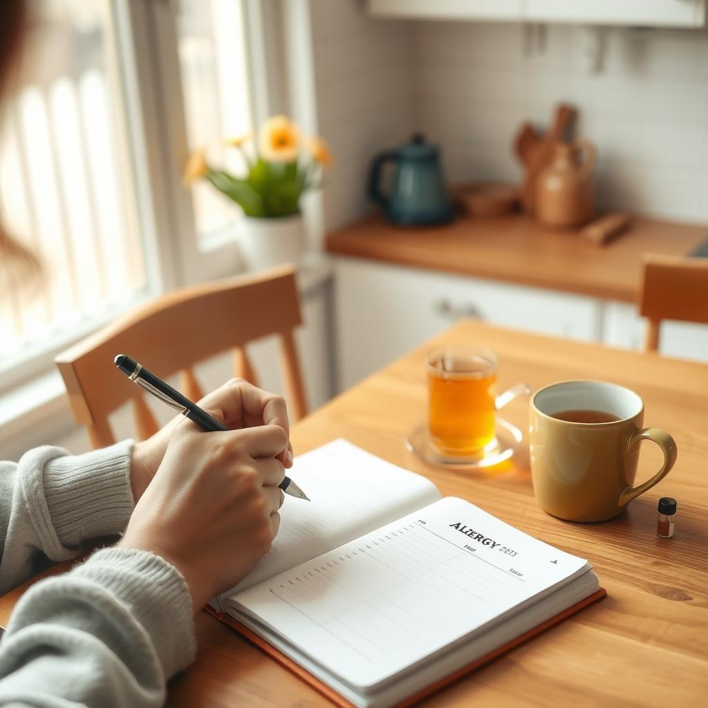 Person tracking allergy symptoms in a journal at a kitchen table
