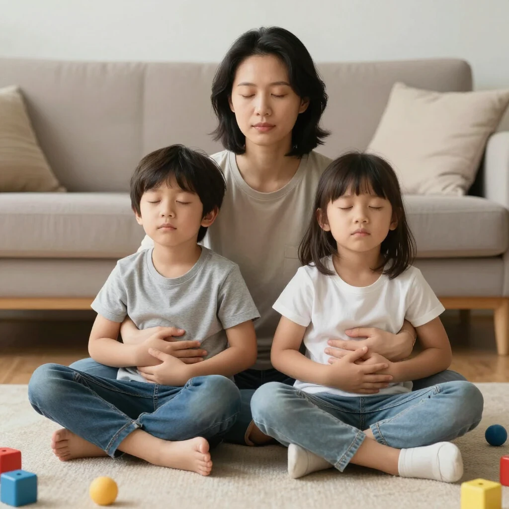 Parent and child sharing a mindful breathing moment at home