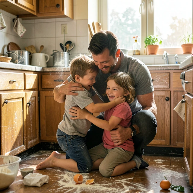 Father and children sharing a laugh amid kitchen chaos, embracing mindful acceptance