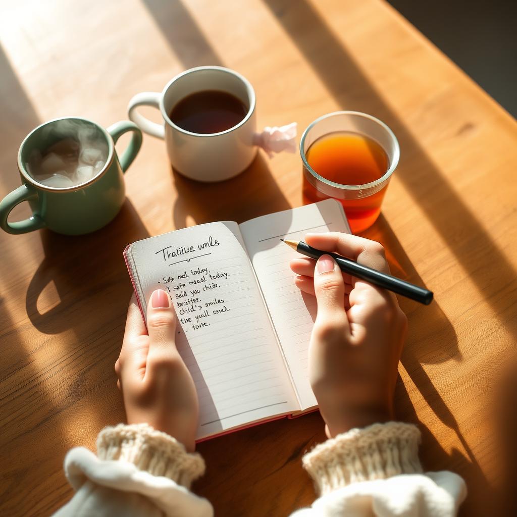 Parent’s gratitude journal on a kitchen table with a mug of tea