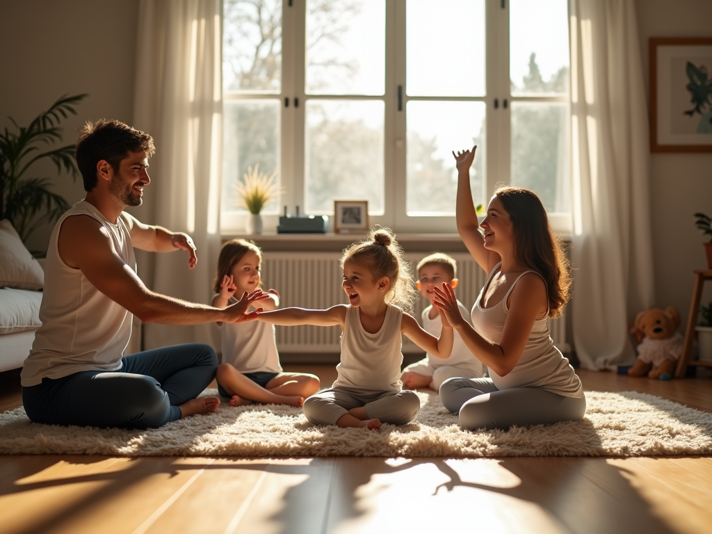 Family stretching together in living room
