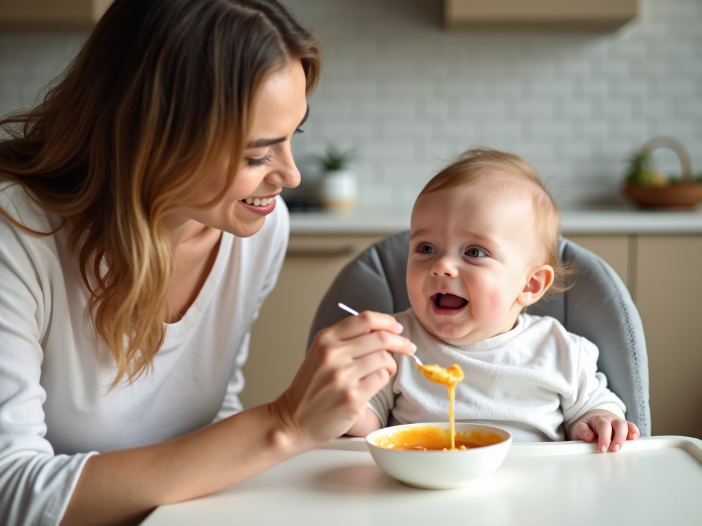Mother feeding baby pureed food