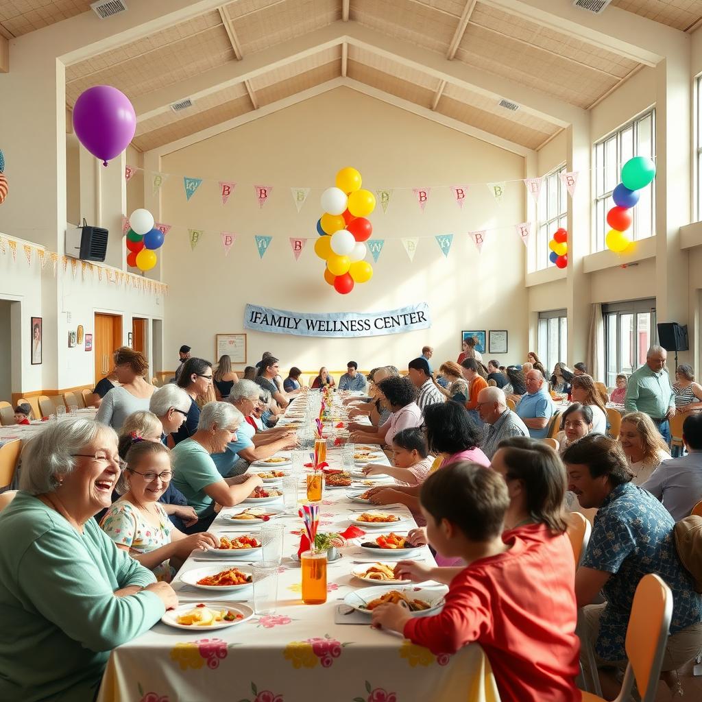 Families enjoying a shared meal and conversation at a festive community event in a family wellness center’s brightly lit hall.