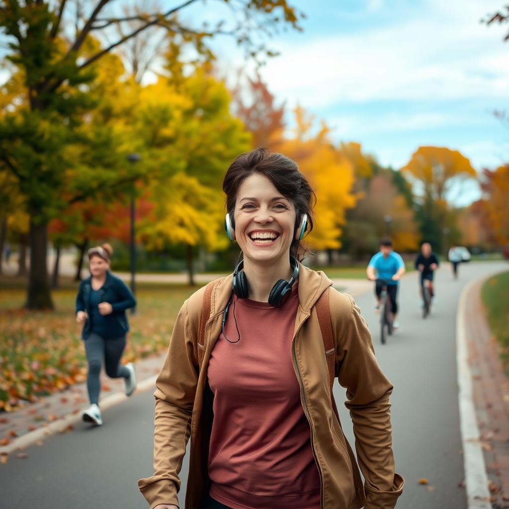 Person walking briskly on a park trail surrounded by colorful autumn trees, promoting an active lifestyle.