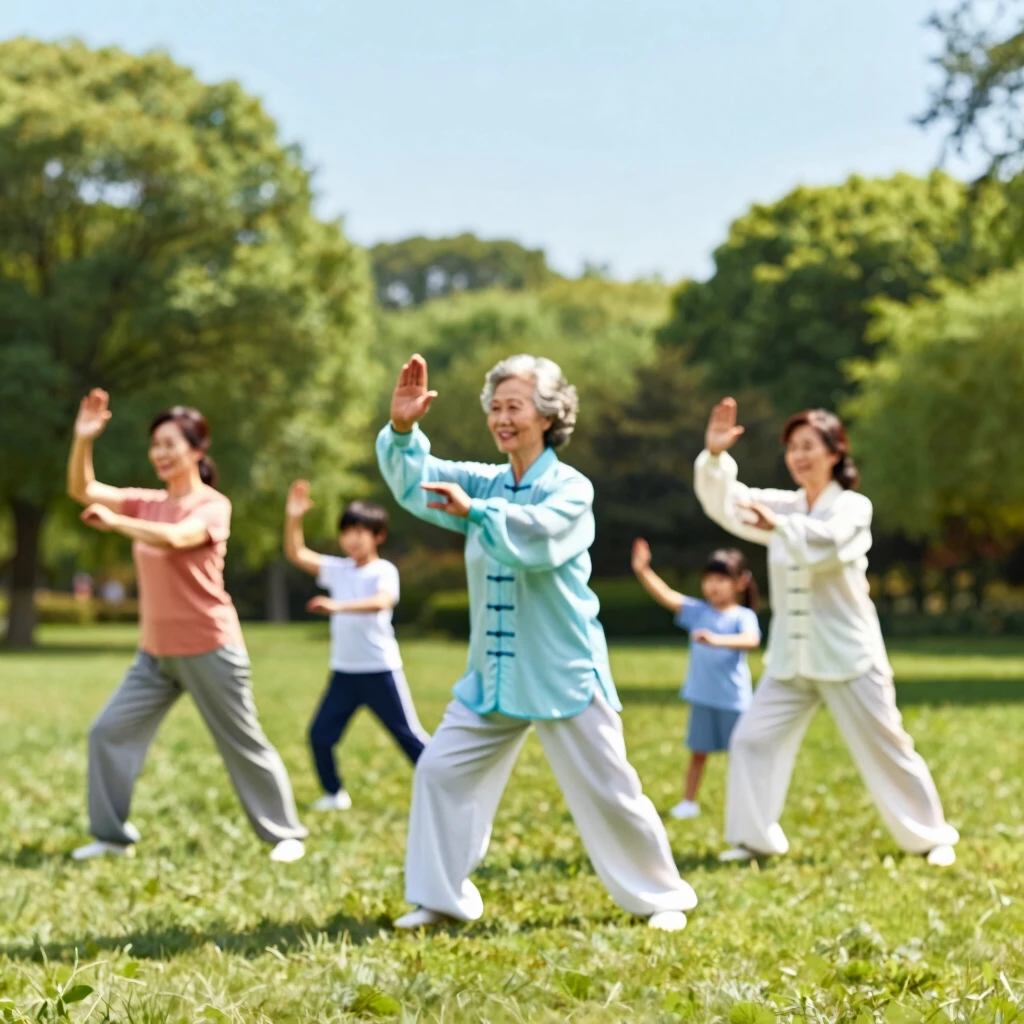 Multi-generational family practicing Tai Chi in a park