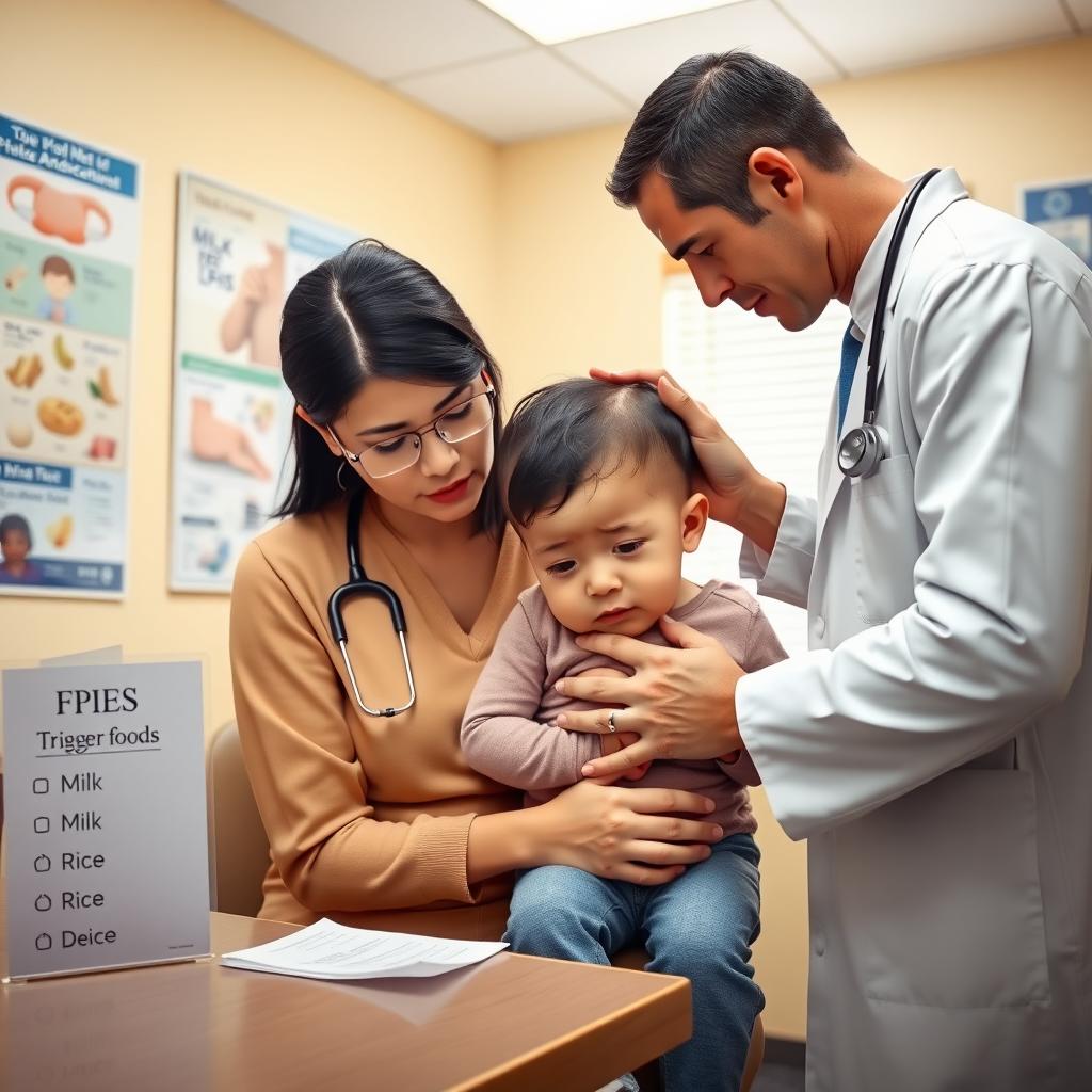 Parent holding a child in a pediatrician’s office while a doctor examines the child, with a chart of FPIES trigger foods visible.