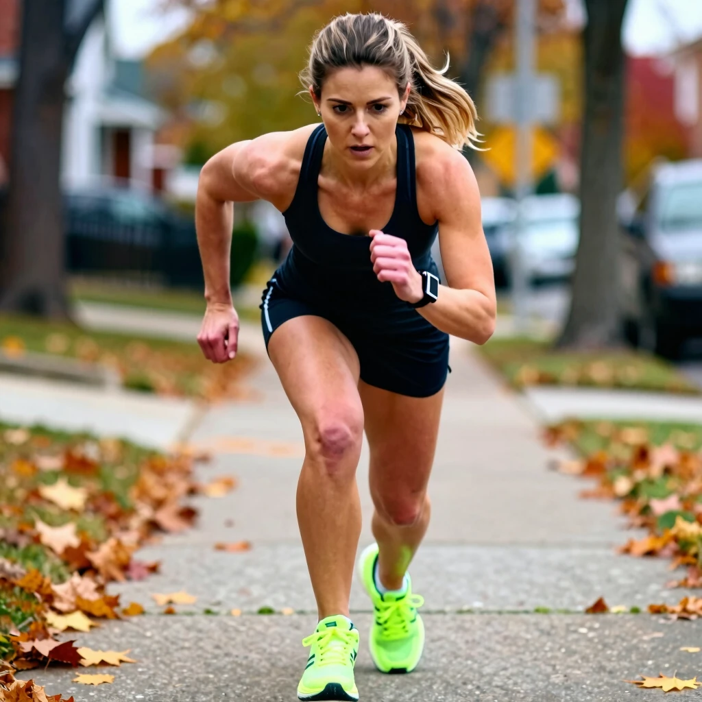 Runner practicing walk-run intervals on a fall sidewalk