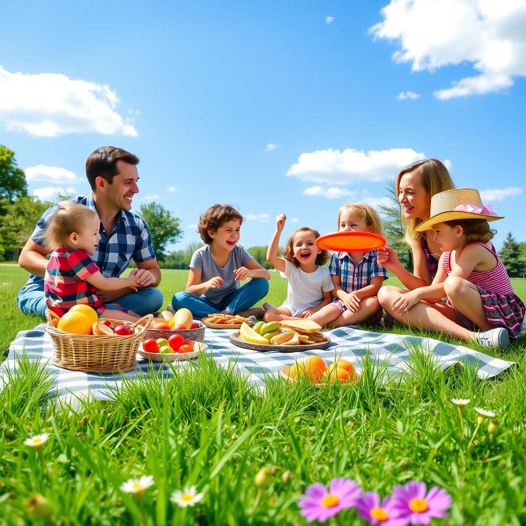 A family enjoying a picnic in a park with kids playing frisbee and colorful food on a blanket.