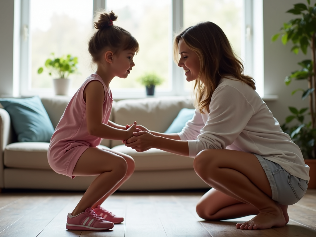 Parent supervising child doing a bodyweight squat at home