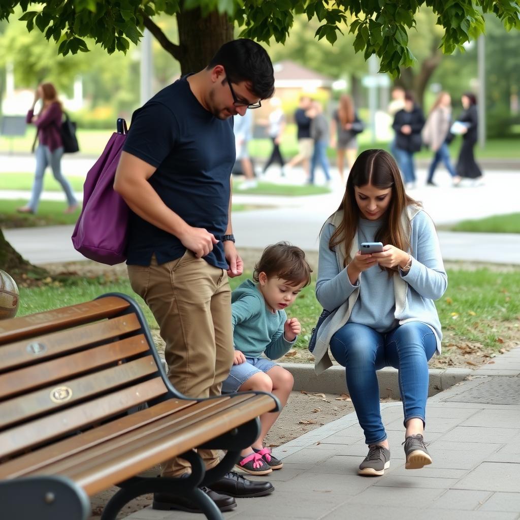 A family hunting for a geocache in a lively park.