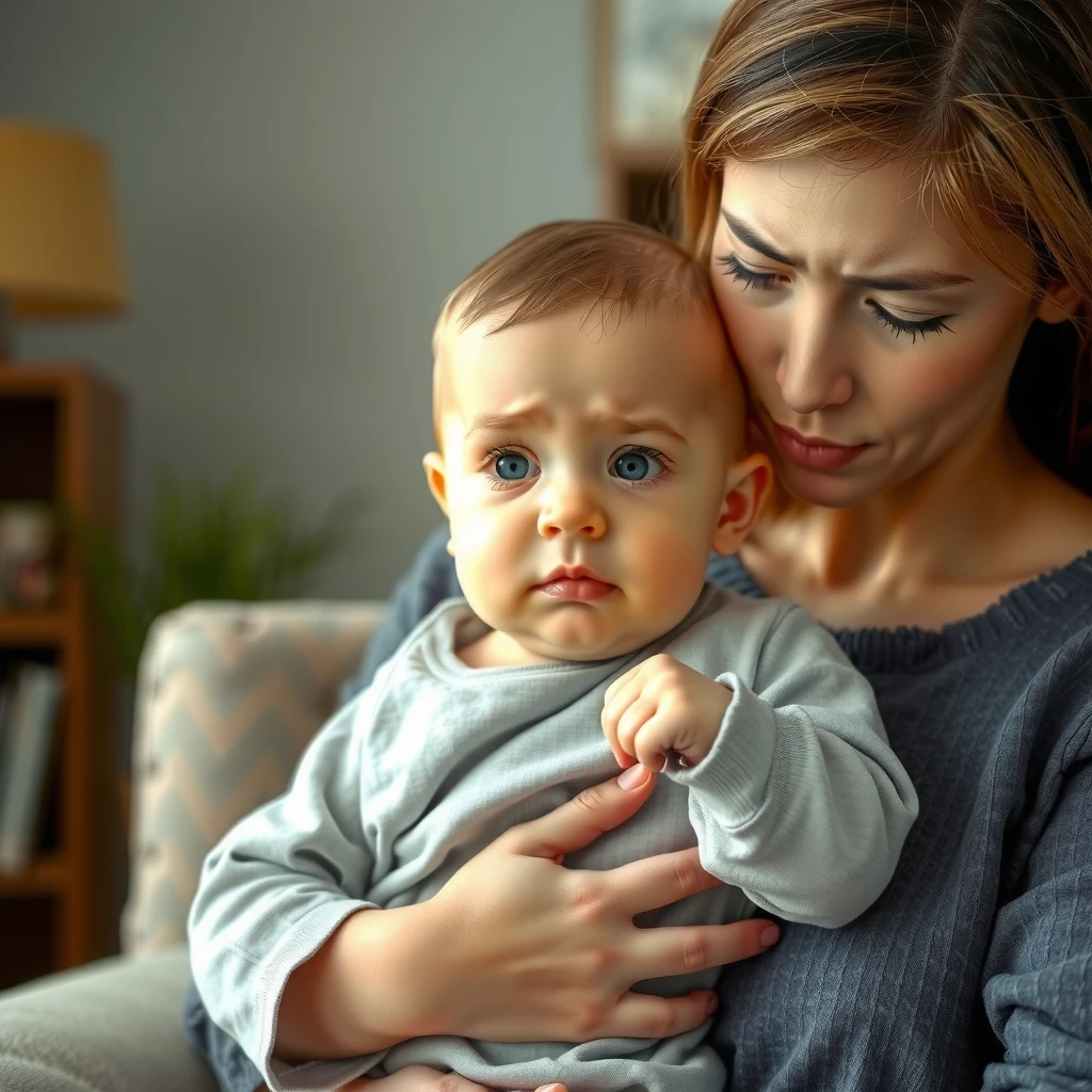 Concerned parent holding baby experiencing discomfort from FPIES symptoms