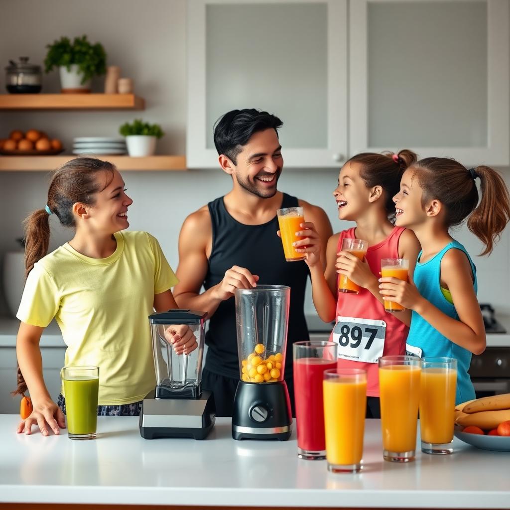 A family in running gear laughs in a kitchen while making smoothies with fresh fruits and a blender.