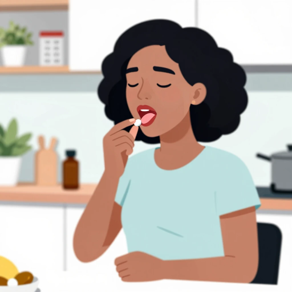 Woman administering sublingual immunotherapy tablet at home for dust mite allergy management