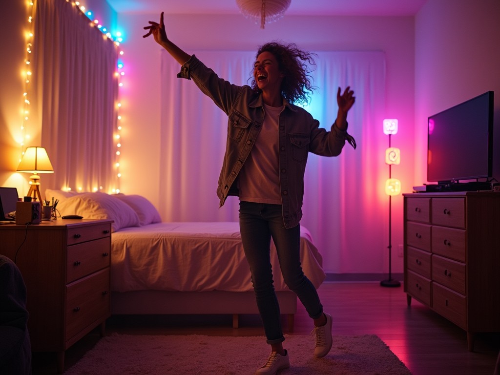 A person enjoying a dance routine at home, smiling and energetic