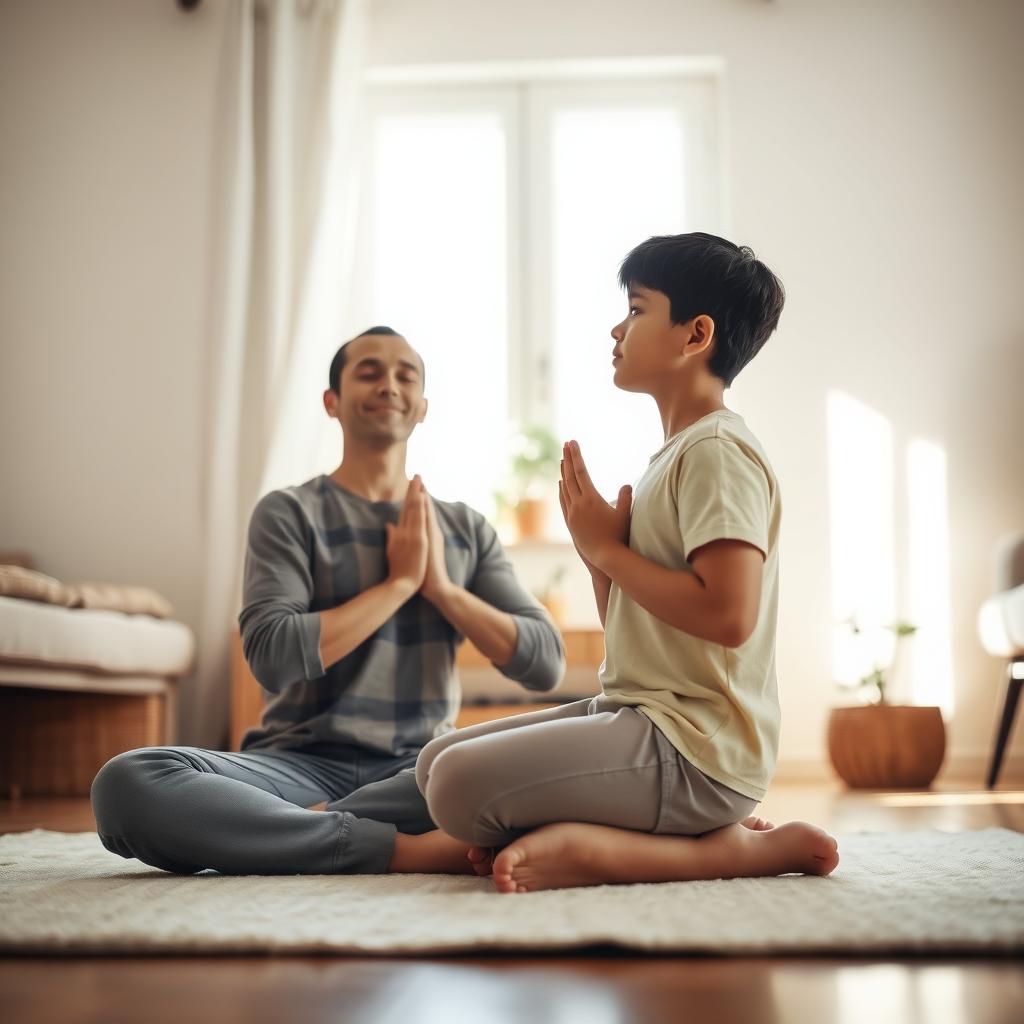 Parent and child practicing mindfulness breathing in a cozy living room