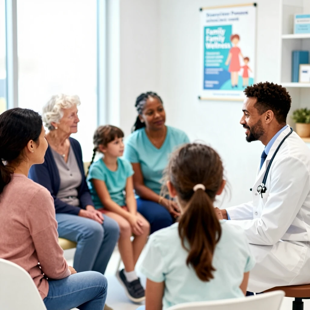 Diverse patients in a community health clinic waiting room