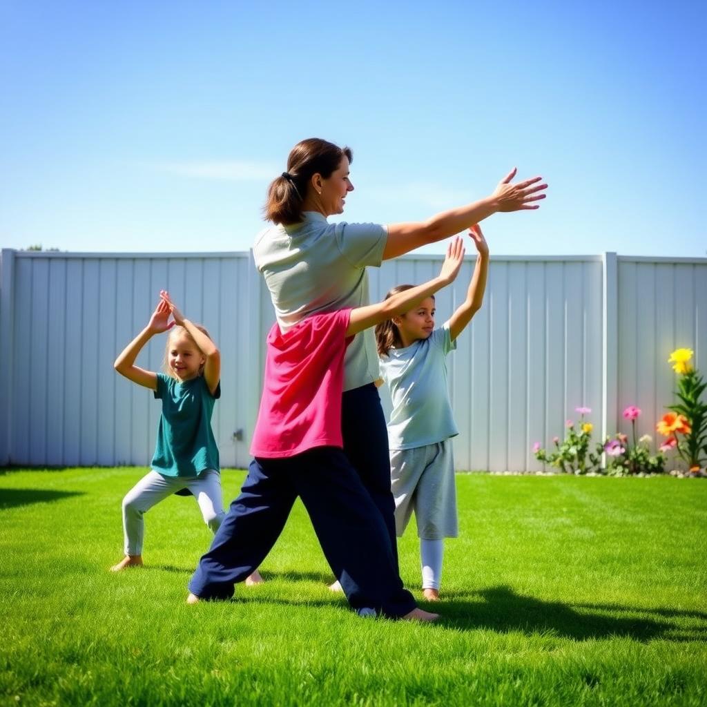 A family practicing Tai Chi in a sunny backyard.