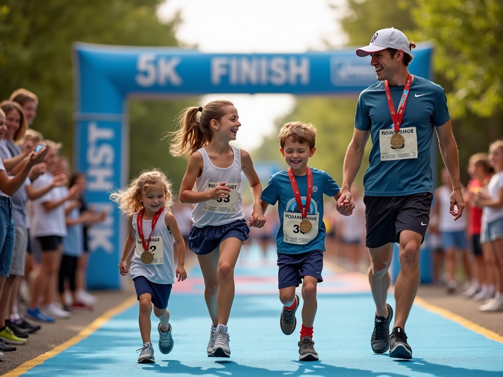 A family celebrating their achievement at the finish line of a 5K race.