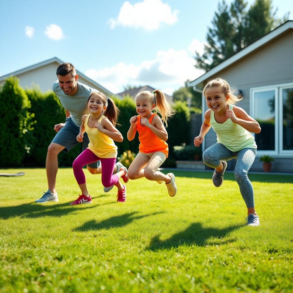 Family doing HIIT burpees in a sunny backyard