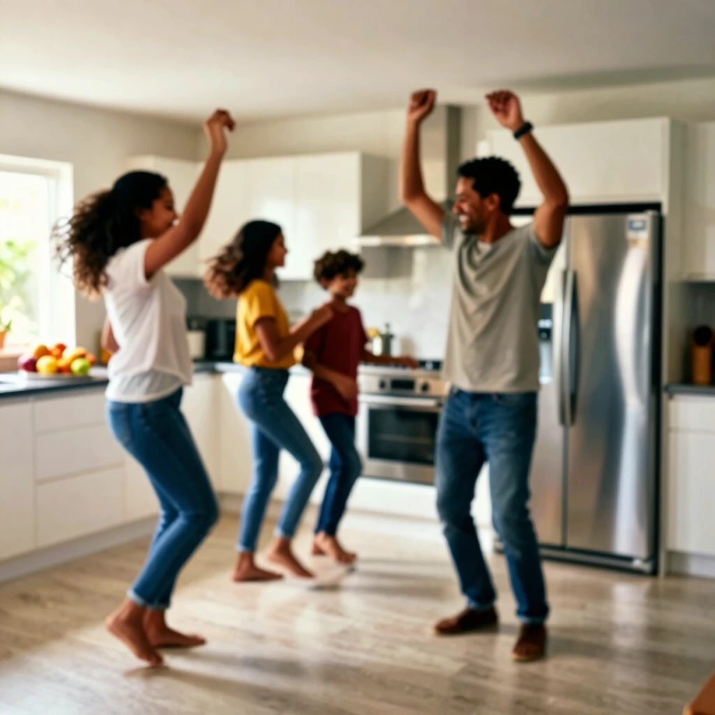Family enjoying a dance cardio session in the kitchen
