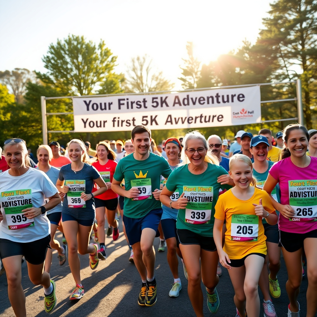 Excited first-time 5K runners at the starting line in a vibrant park
