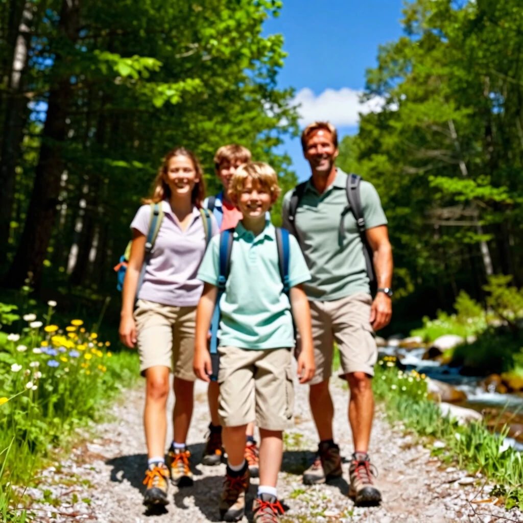 Family hiking together in a sunny forest