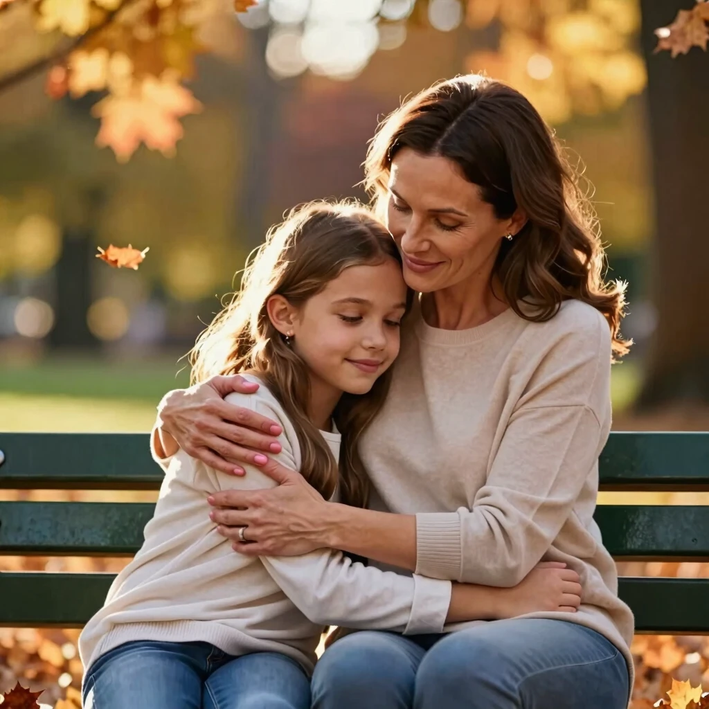 Mother comforting her daughter in a peaceful park setting