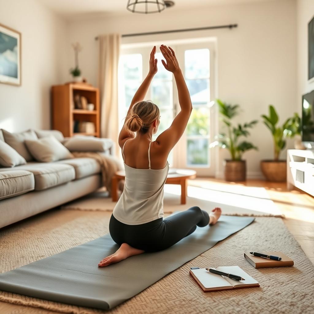Person practicing gentle yoga on a mat in a cozy, well-lit living room with a notebook nearby.