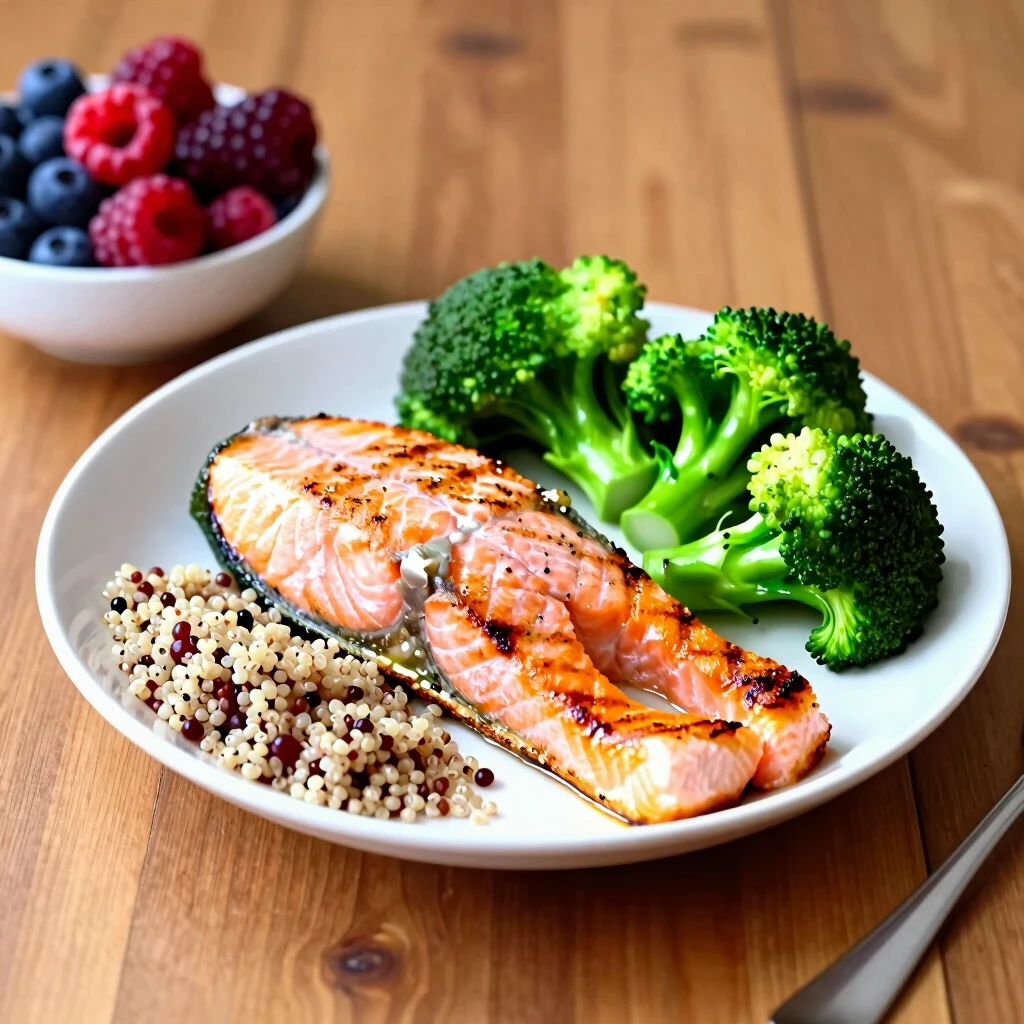 Healthy balanced meal for seniors with salmon, veggies, and fruits
