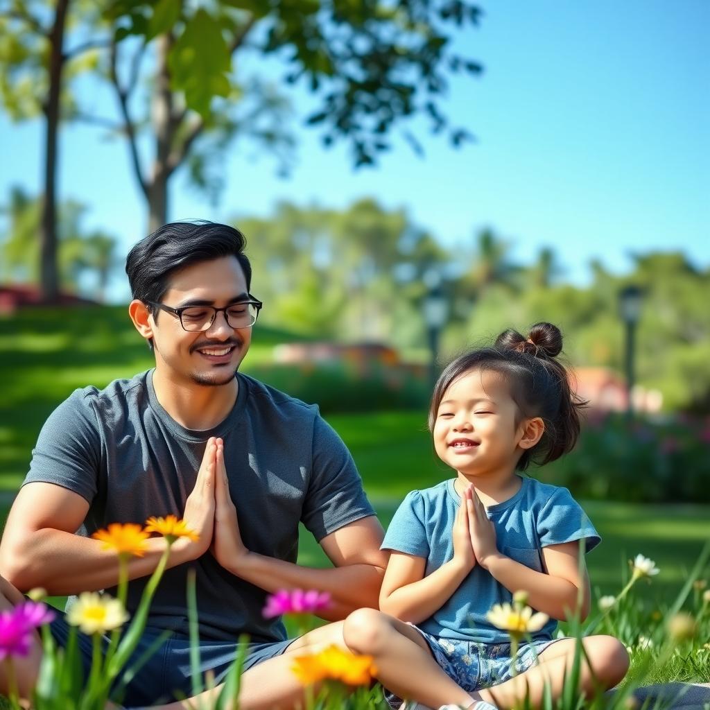 Parent and child practicing mindfulness in a peaceful park