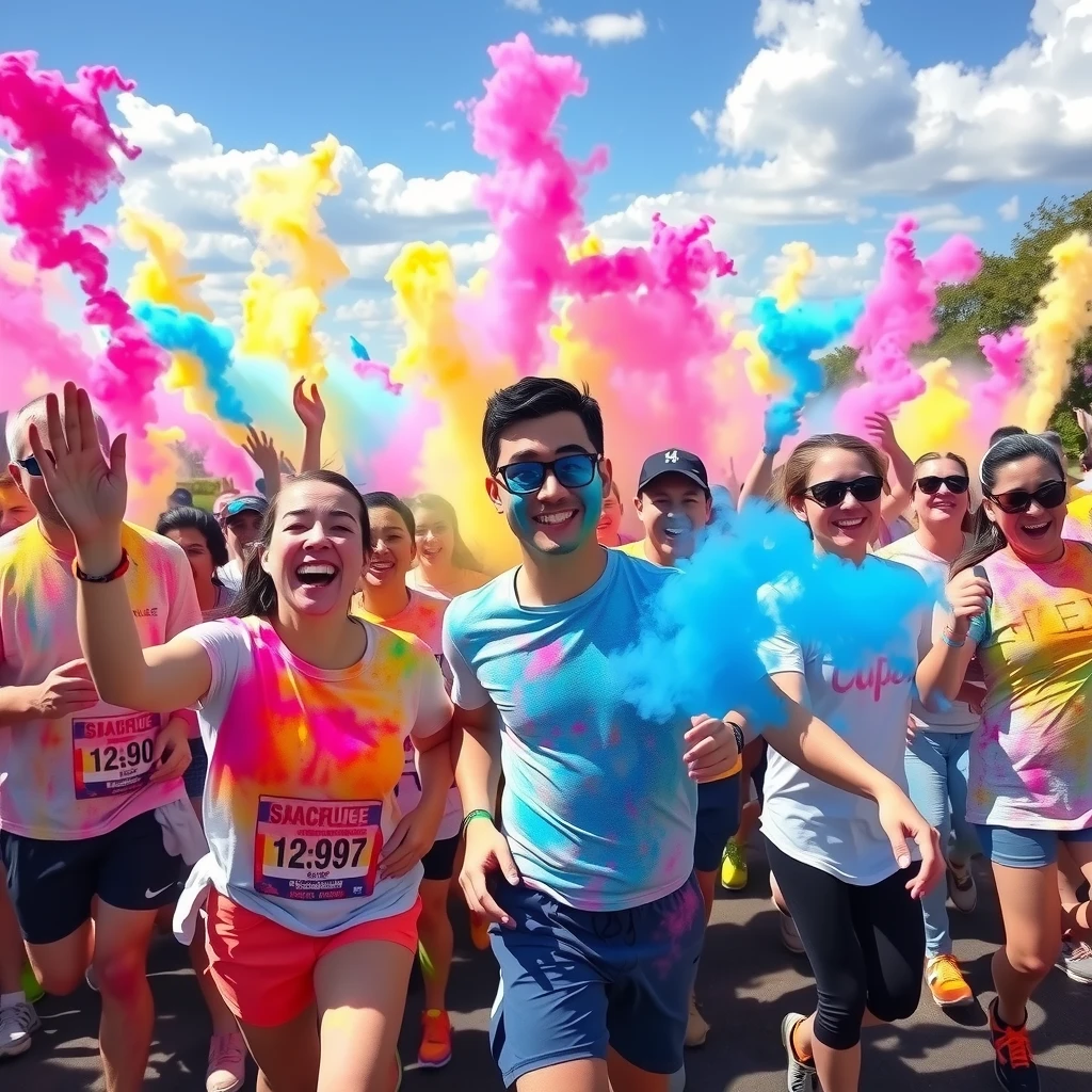 Runners covered in bright colored powder celebrating during a fun color run 5K race