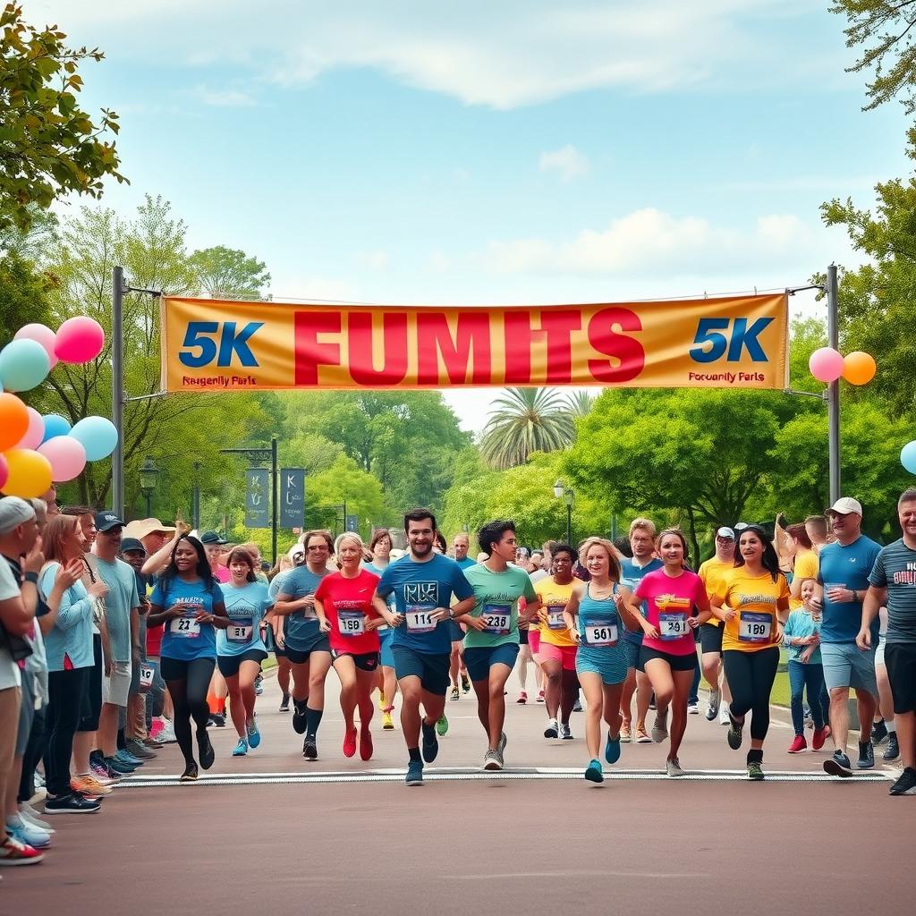 Runners, including families, cross the finish line under a colorful banner at a 5K race in a festive park setting.