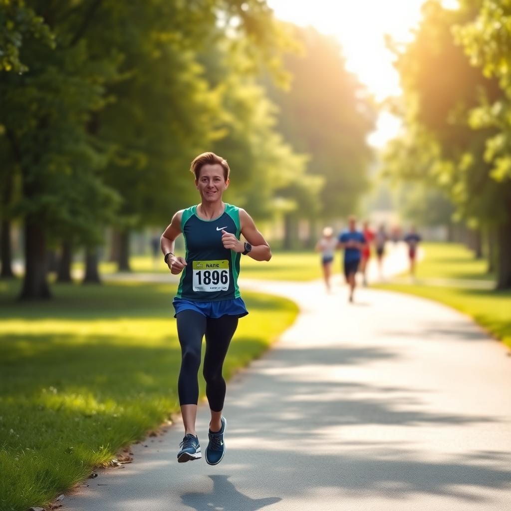 A runner in athletic gear and a race bib runs on a paved trail in a green park, with other runners visible in the background.