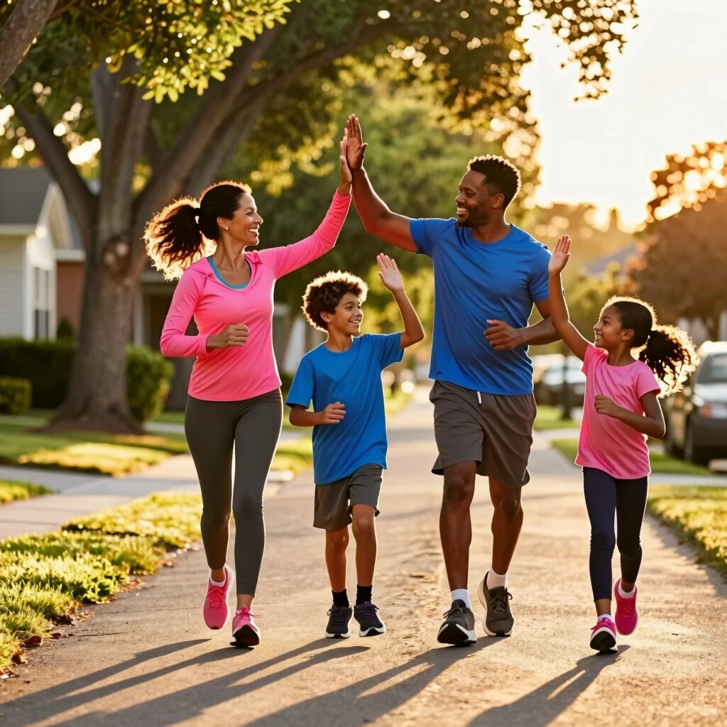 Family jogging together on a scenic path during sunset