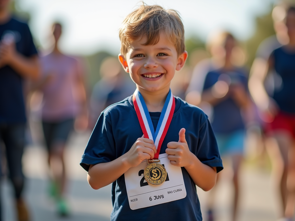 Child celebrating after finishing a 5K race