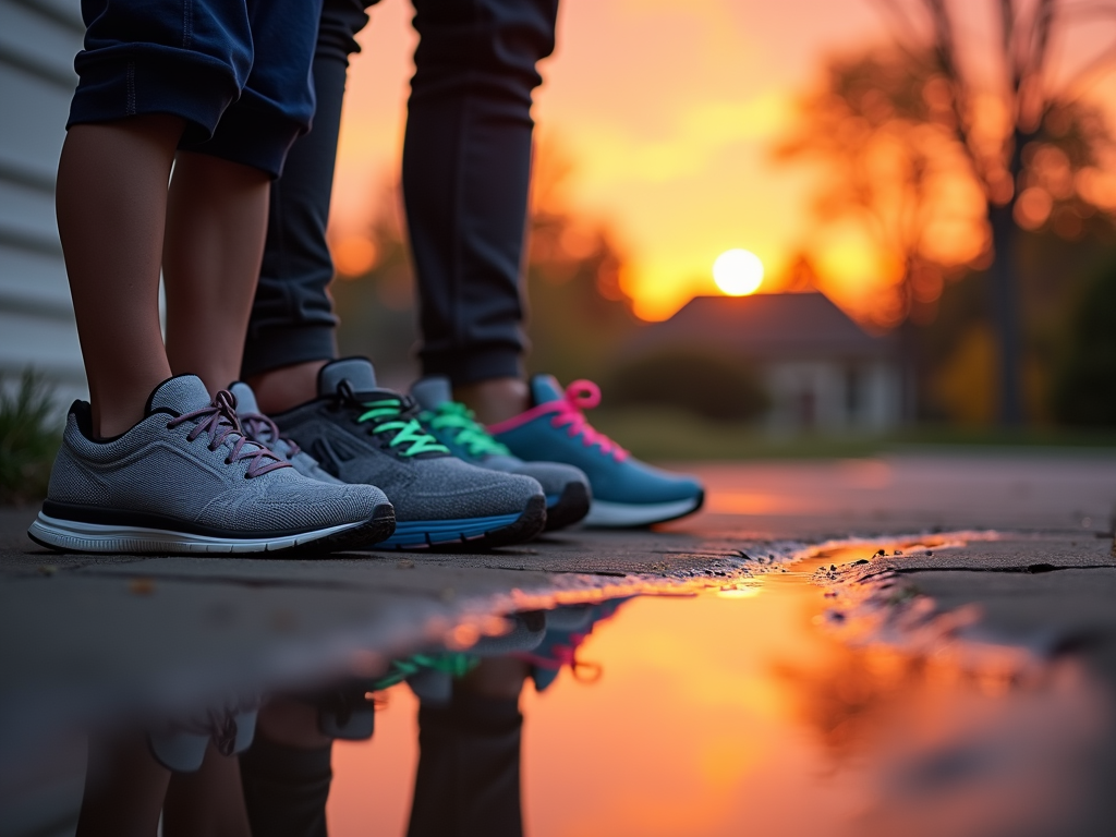 Family running shoes on porch