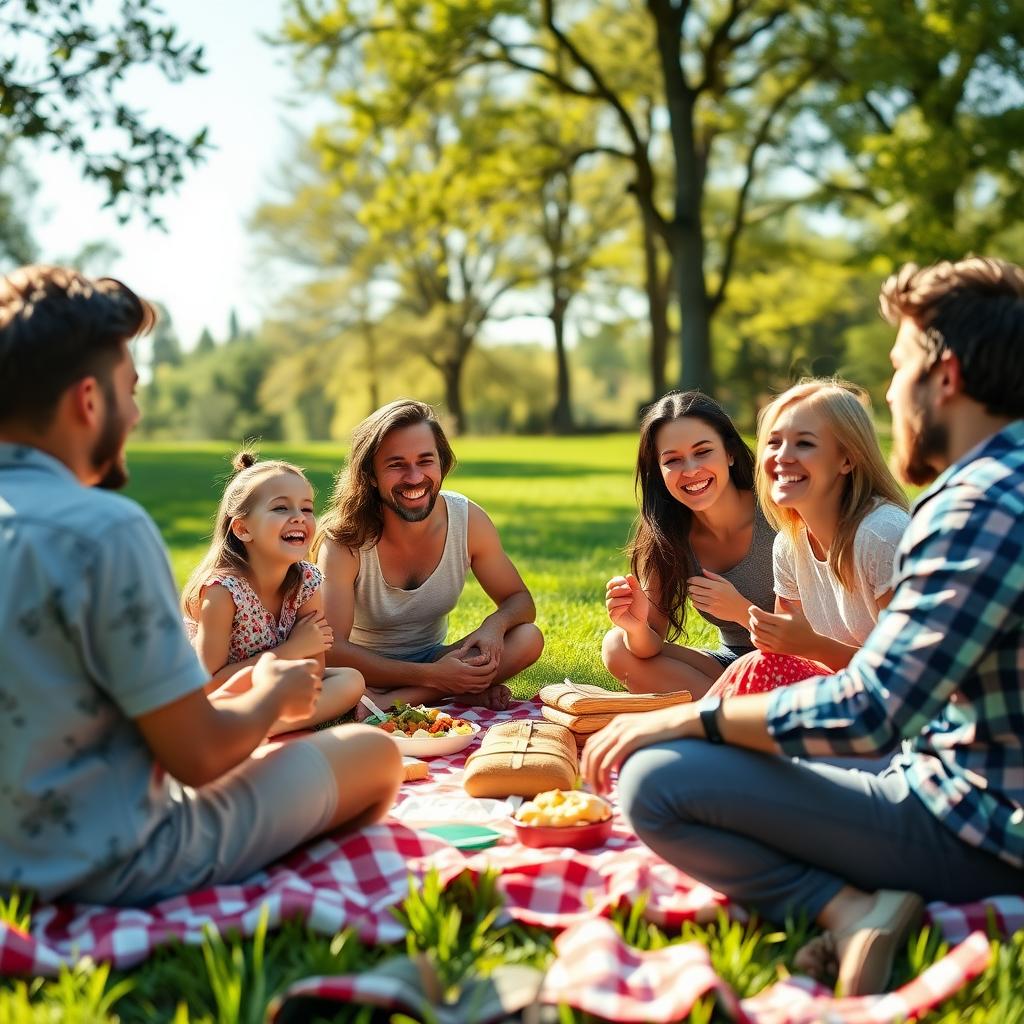 A family laughing and sharing food at a sunny park picnic.