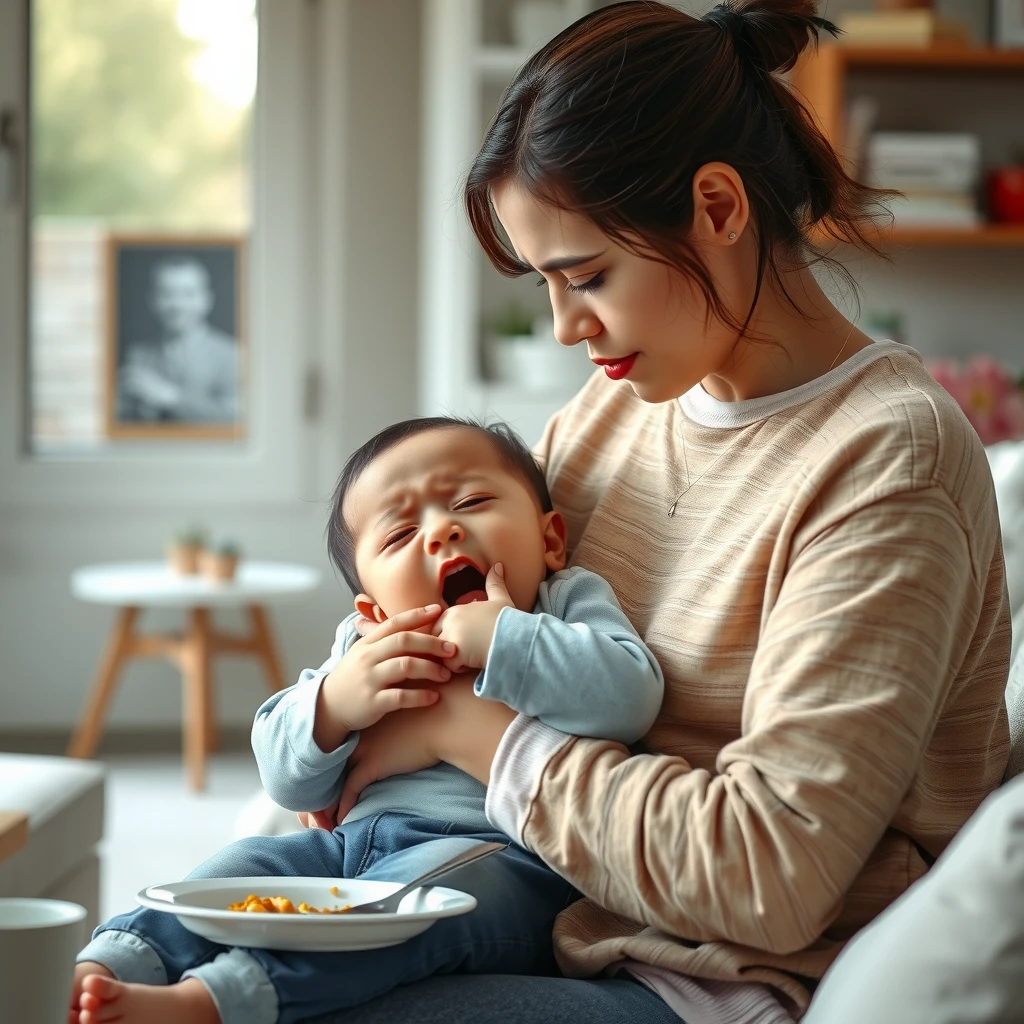 Concerned parent comforting a crying infant experiencing FPIES symptoms